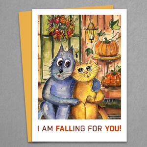 Tarjeta digital con pareja de gatos en acuarela, tarjeta imprimible con descarga instantánea en acuarela, "Me estoy enamorando de ti", tarjeta de amor otoñal para él o ella