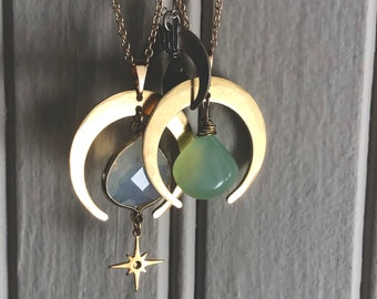 Chalcedony Crescent Moon Golden Celestial Necklace Chrysoprase Green Stone Crystal