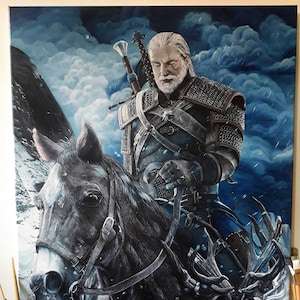 May include: A painting depicting a man on horseback riding through a snowy landscape. The man is clad in a dark leather jacket and chainmail armour. He has a sword strapped to his back and a long white beard. The horse is grey and has a white mane. The background is a stormy sky with dark clouds.