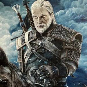 May include: A painting of a man with long white hair and a beard, wearing chainmail armour and holding a sword. He is riding a brown horse against a stormy sky background.