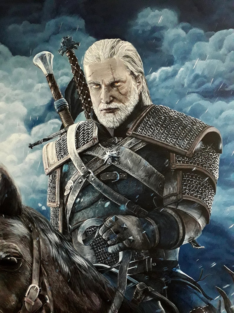 May include: A painting of a man with long white hair and a beard, wearing chainmail armour and holding a sword. He is riding a brown horse against a stormy sky background.