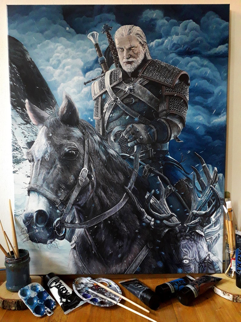 May include: A painting depicting a man on horseback riding through a snowy landscape. The man is clad in a dark leather jacket and chainmail armour. He has a sword strapped to his back and a long white beard. The horse is grey and has a white mane. The background is a stormy sky with dark clouds.