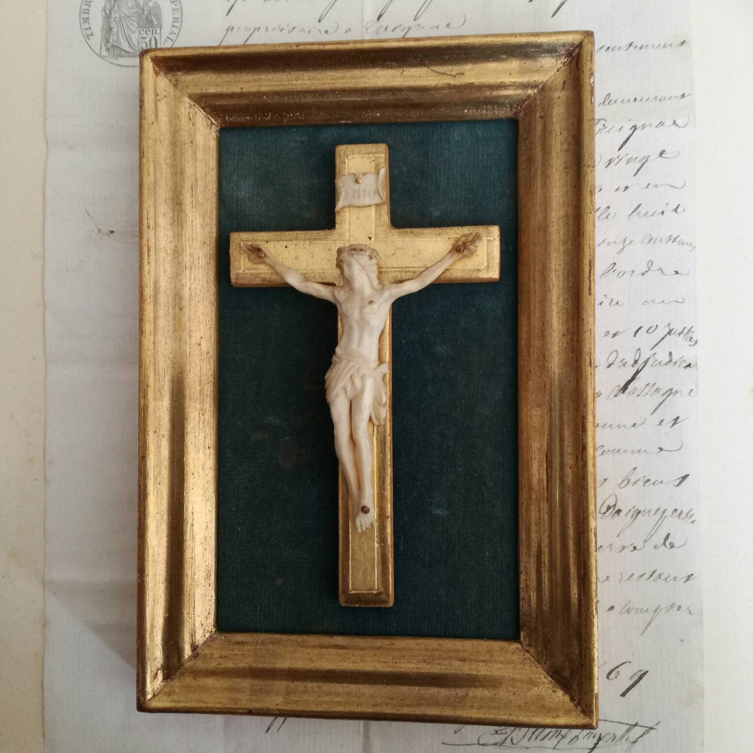 Icône Religieuse, Croix Encadrée de Crucifix avec Le Velours Bleu, Français Crucifix, Art Religieux