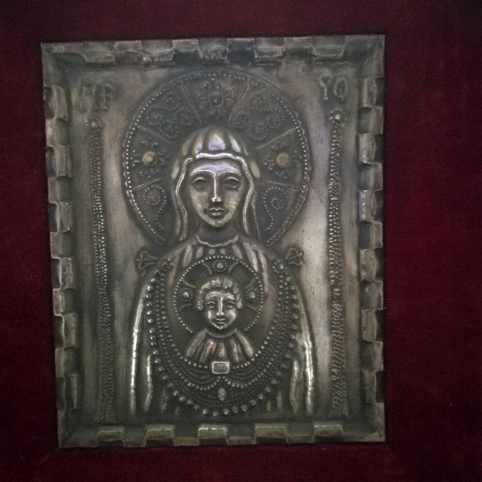 Icône en Argent Dans Cadre Velours Icône Art Déco, Estampillée 800, Image d'icône Religieuse, d'hist