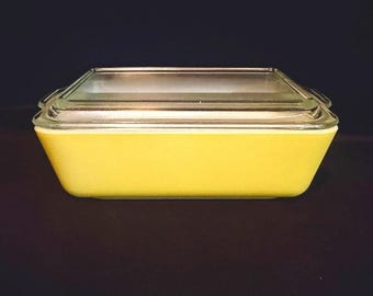 Vintage Pyrex Refrigerator Dish 0503 Yellow Clear Ribbed Lid 503-C Mid-Century