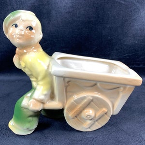 Vintage 1950s Shawnee Pottery Planter, Boy Pulling Cart, Marked USA 750, Hand Painted