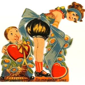 Vintage Mechanical Valentine Titled To My Dear-One, Featuring a Girl Getting a Heart from a Bush and a Man Hiding Behind the Bush 1932
