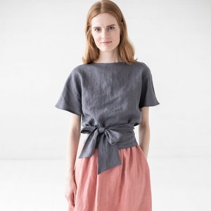 Linen Top Tie Waist, Short Kimono Linen Blouse, Linen Blouse Front Knot