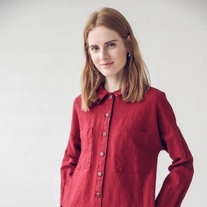 Linen Shirt Dress / Minimalist Shirt Buttons Down Dress With Pockets / Long Sleeves Woman Dress