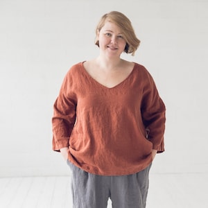 Kimono Linen Top, V-Neck Linen Blouse, Plus Size Loose Top