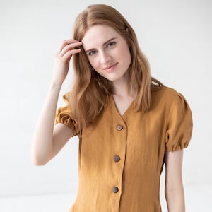 Short Linen Dress / Summer Linen Dress / Puffed Sleeves Linen Dress