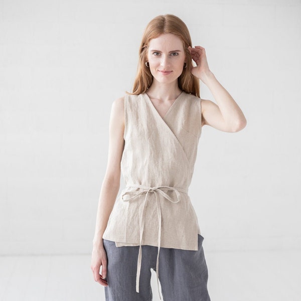 READY TO SHIP Wrap Linen Blouse, Long Tie Linen Top, Formal Linen Blouse, Natural Linen Sleeveless Top