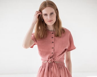 Tie Shirt Linen Top, Short Linen Blouse, Front Knot Linen Blouse