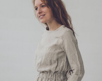 Beige Linen Dress with Pockets and Long Sleeves