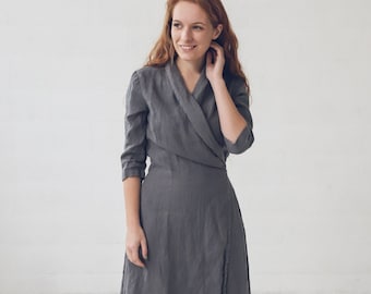 READY TO SHIP Linen Wrap Dress, Long Linen Dress, Gray Elegant Maxi Dress