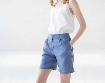 Classic Linen Shorts / Linen Shorts For Women / Classic Shape Mid Waist Office Summer Linen Shorts