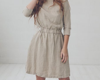 Beige Linen Dress with Pockets and 3/4 Sleeves