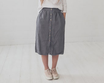 Linen Skirt High Waist, Soft Knee Length Linen Skirt Buttons Down