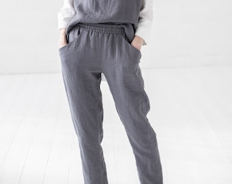 Linen Pants Loose Tapered, Casual Women Trousers, Elastic Waist Summer Pants