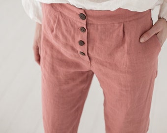 High Waist Linen Pants: Tapered Trousers with Coconut Buttons