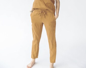 Linen Pants Tapered, Soft Washed Linen Pants, Maternity Linen Pants with Elastic Waist Band, Tie Up Linen Trousers