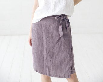 READY TO SHIP Wrap Linen Skirt / Linen Skirt / Midi Skirt / Knee Length Linen Skirt / Linen Wrap Skirt