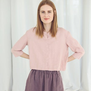 Linen Crop Top / Linen Blouse with 3/4 Sleeves / Short Summer Linen Top