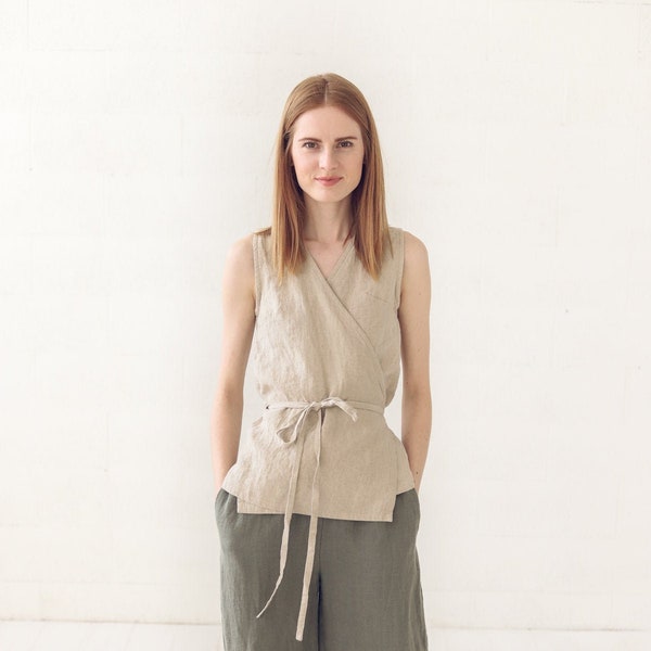 Wrap Linen Blouse, Long Tie Linen Top, Formal Linen Blouse, Natural Linen Sleeveless Top