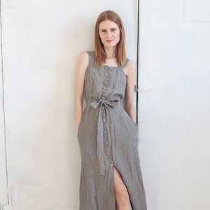 Gingham Linen Dress / Checked Linen Dress Buttons Down / Boho Style Linen Dress / Long Linen Dress