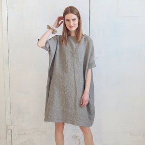 Lockeres Leinenkleid, Smock Leinenkleid Drop Schulter, Gestreiftes Sommer Leinenkleid, Hanf Leinenkleid, Oversize Leinenkleid in großen Größen