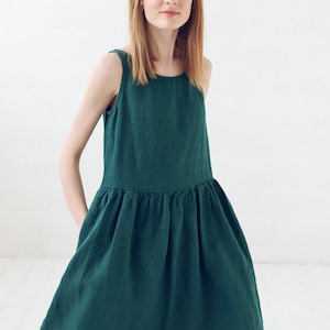 READY TO SHIP Summer Linen Dress / Simple A Line Midi Dress / Emerald Green Basic Linen Dress with Pockets