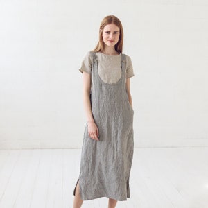 Striped Pinafore Dress, Simple Linen Pinafore Dress, Linen Long Slip ...