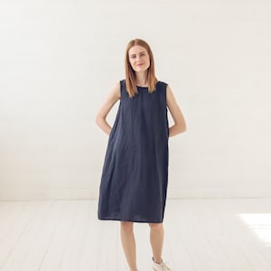 Everyday Basic Linen Dress / Minimalist A Line Midi Dress / Simple Dress With Pockets image 1