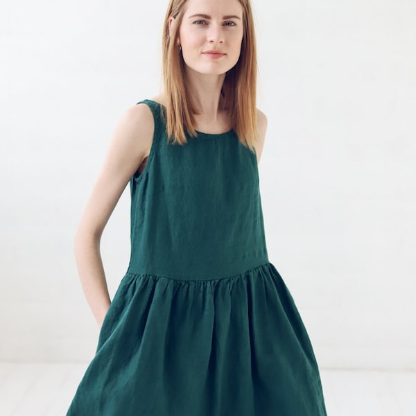 Sommerliches Leinenkleid / schlichtes A-Linie Midikleid / smaragdgrünes Basic Leinenkleid mit Taschen