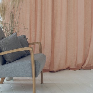 Tie Top Linen Sheer Day Curtain Panel, Soft Washed Linen Drapes Light Peach, Custom See Through Linen Curtains, Natural Light Linen Drapes