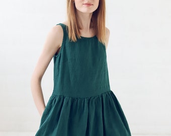 Robe d'été en lin / Robe midi trapèze simple / Robe en lin basique vert émeraude avec poches