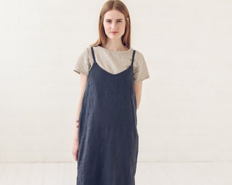 Soft Washed Linen Slip Dress: Midi Spaghetti Strap Dress