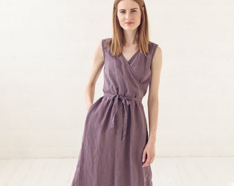 Wrap Linen Dress, Sleeveless Woman Dress