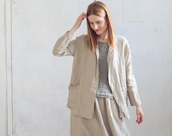 READY TO SHIP Minimal Linen Jacket, Loose Fit Linen Cardigan Jacket, Long Sleeve Jacket for Women, Boho Linen Jacket, Wrap Linen Coat