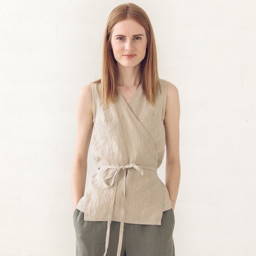 Linen Top Tie Waist Short Kimono Linen 