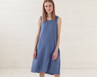 Loose Linen Dress, Half Long Women Dress, Sleeveless Linen Dress