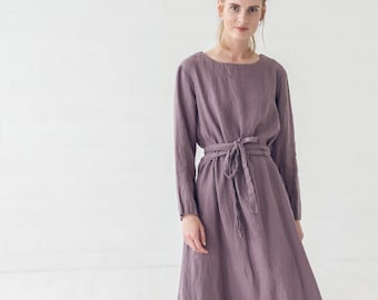 Linen Tie Belt Swing Dress: Long Sleeve, European Fabric