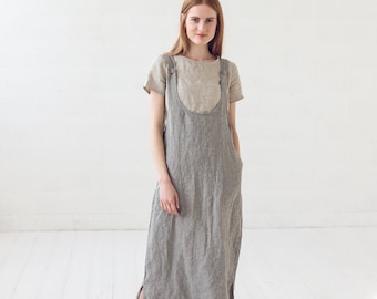 Striped Linen Pinafore Dress: Long Slip with Pockets