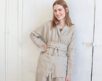 Linen Jacket With Belt, Oversize Linen Cardigan, Casual Boho Jacket, Long Sleeves Linen Coat