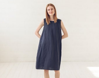 READY TO SHIP Everyday Basic Linen Dress / Minimalist A Line Midi Dress / Simple Dress With Pockets