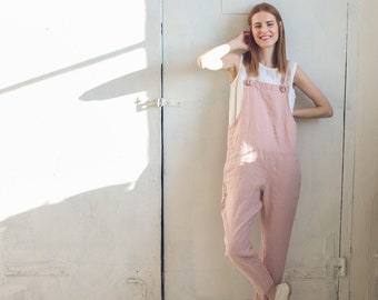 READY TO SHIP Tapered Linen Jumpsuit, Baggy Overall, Summer Linen Romper, Women's Casual Jumpsuit, Pinafore Linen Romper