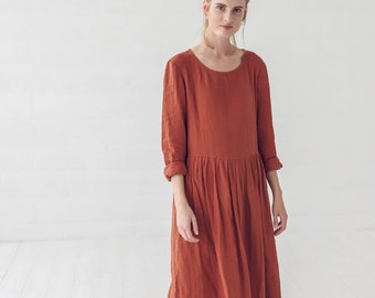 Linen Maxi Dress with Long Sleeves, Smock Linen Dress, Soft Loose Linen Dress