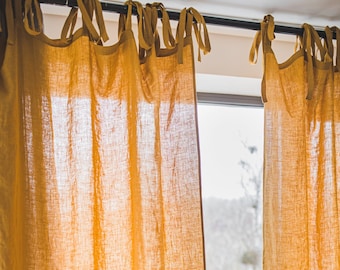 Ties Top Linen Curtain Panel in Honey Gold, Various Colors Natural Soft Linen Drapes, Custom Size Tie Top Linen Curtains