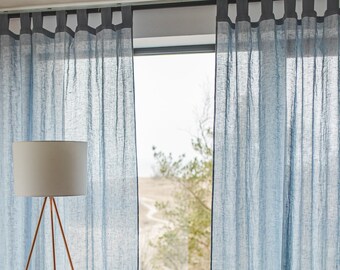 Tab Top See-Through Linen Curtains, Soft Sheer Light Blue Linen Day Drapes, Washed Custom Linen Day Curtains, Soft Light Linen Drapes