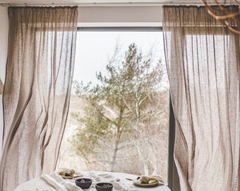 Linen Day Curtains Ripple Fold See-Through, Light Brown Sheer Linen Day Drapes, Soft Washed Custom Linen Day Curtains, Natural Flax Drapes